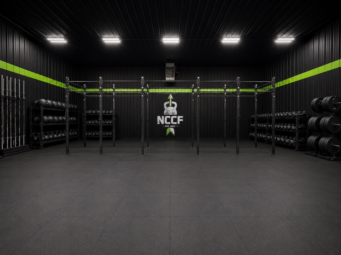 Concept rendering of the NCCF CrossFit Bay, with a central rig, black walls, lime green stripe, and NCCF logo