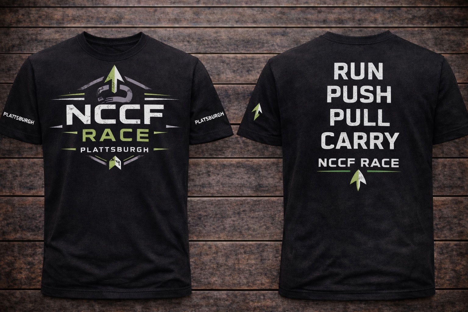 NCCF Race Plattsburgh black T-shirt design shown front and back