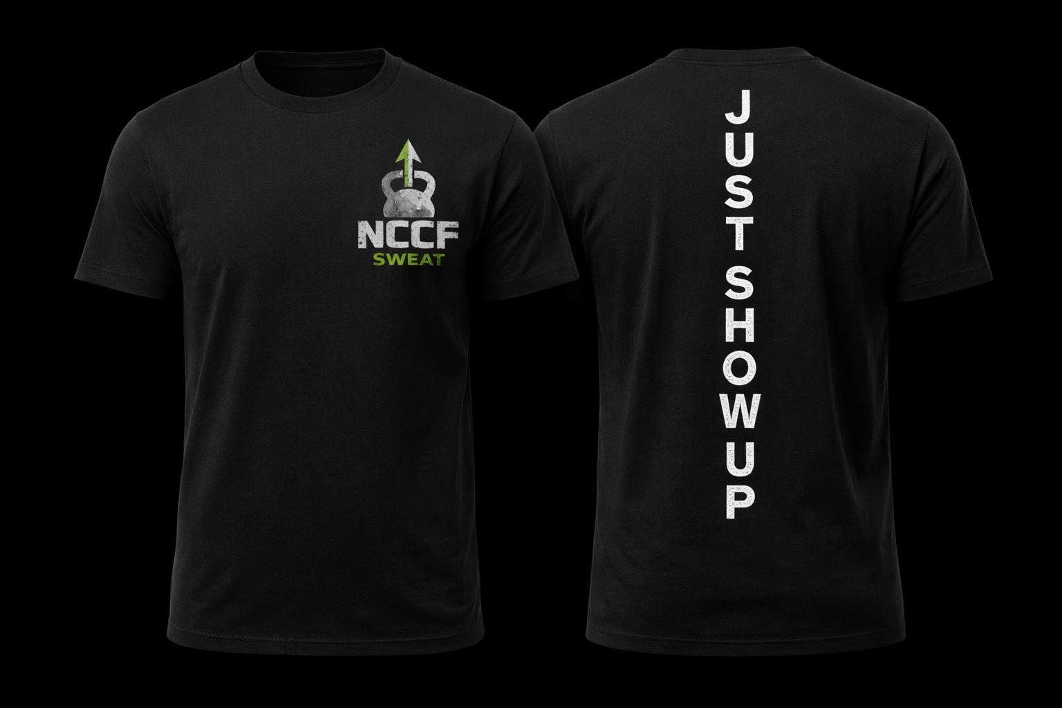 NCCF Sweat black T-shirt design shown front and back